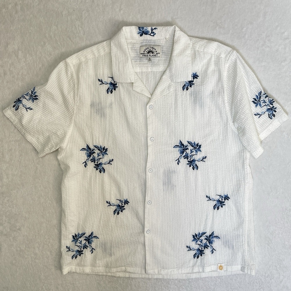 Free Planet Good Times Sunny Days Men XL Button Shirt Embroidery Textured Floral